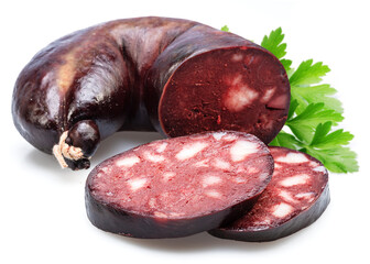 Blood sausage with suet pieces and parsley leaf isolated on white background.