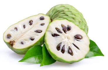 Custard apples or cherimoya fruits and slice of fruit isolated on white background.