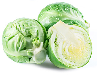 Miniature cabbages of brussels sprout isolated on white background.