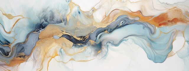 Abstract watercolor paint background illustration - Soft pastel pink blue color and golden lines, with liquid fluid marbled paper texture banner texture, Generative Ai