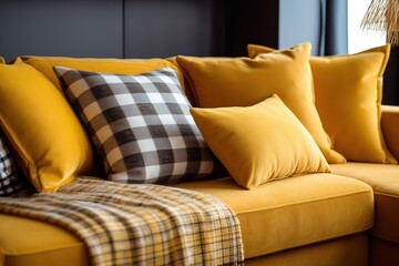 Close-up of grey comfortable sofa in modern apartment – panorama,Generative AI