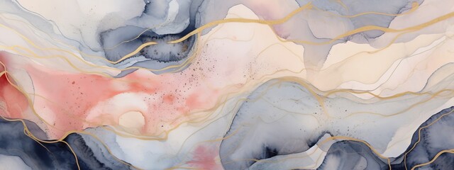 Abstract watercolor paint background illustration - Soft pastel pink blue color and golden lines, with liquid fluid marbled paper texture banner texture, Generative Ai