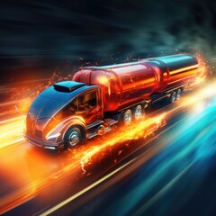 Obraz na płótnie Canvas Futuristic fuel truck driving at high speed on a freeway on a colorful background