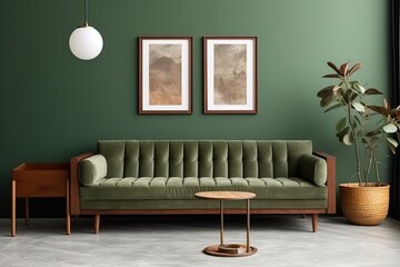 Classic green sofa,pillows with tropic leaves isolated on white background. Digital illustration.3d rendering,Generative AI