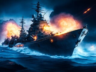 Fototapeta premium Battleship in World War II. Battleship in Flames After Great Battle.