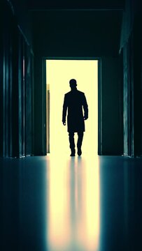 The man is walking through the corridor in darkness