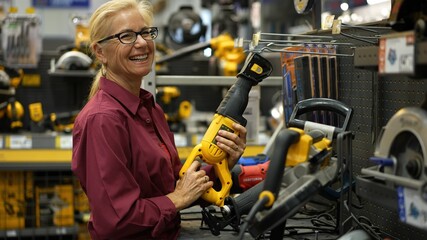 Portrait of mature woman looking at and comparing reciprocating jig saw and power tools at a large...