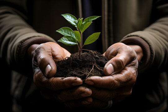 compelling visual of a hand cradling a mature tree, emphasizing the legacy of conservation, resilience, world environment day concept. generative ai