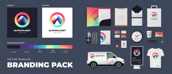 Corporate style megapack template, branding bundle with folder, notepad, lightbox, car, business card and A4 form. Creative gradient rainbow circle logo for modern company.