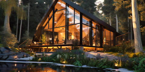 a modern glass and wood house standing in the forest