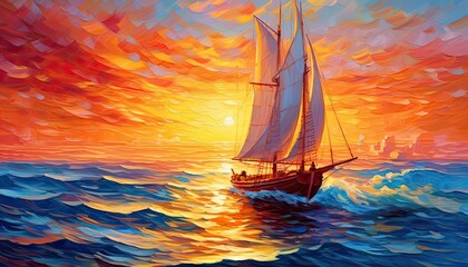 sailboat's journey as it gracefully cuts through the tranquil waters, guided by the gentle breeze of a mesmerizing sunset.