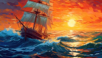 sailboat's journey as it gracefully cuts through the tranquil waters, guided by the gentle breeze of a mesmerizing sunset.
