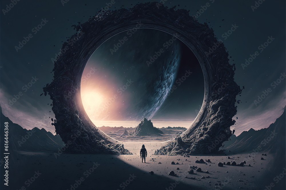 Canvas Prints spaceman travel through the space with mysterious sci-fi fantasy portal or start gate in wondrous al