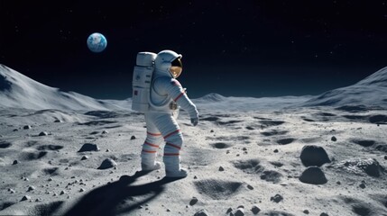 An image of a person dressed in an astronaut suit walking on the lunar surface in virtual reality. Created with Generative AI.