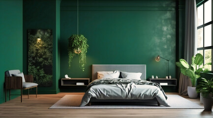 a bedroom with green walls, green furniture, and green plants