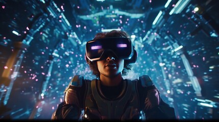 A rendering of the user in a spaceship fighting against enemies in a virtual reality simulation of space combat. The entertainment potential of future VR games. Created with Generative AI.