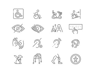 Disability and Accessibility Icon collection containing 16 editable stroke icons. Perfect for logos, stats and infographics. Edit the thickness of the line in any vector capable app.