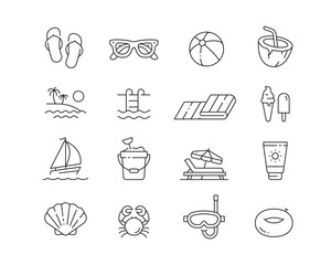 Summer Holiday Vacation Icon collection containing 16 editable stroke icons. Perfect for logos, stats and infographics. Edit the thickness of the line in any vector capable app.