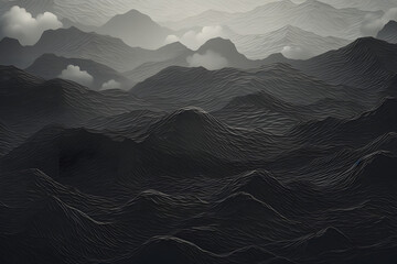 lines forming rough black and white waves in a wide endless ocean. abstract geometrical stormy landscape background  - generative ai