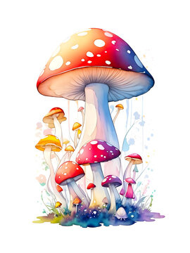 Set of glowing mushroom in the style of watercolor on transparent background ,generative ai