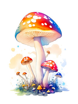 Set of glowing mushroom in the style of watercolor on transparent background ,generative ai