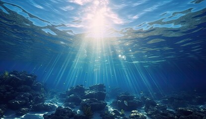 Fototapeta na wymiar Underwater paradise, where the golden rays of the sun pierce through the depths, casting an ethereal glow on the ocean floor