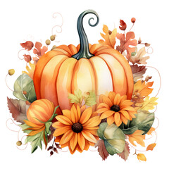 Fall Autumn Watercolor Pumpkin Clip Art, Fall Autumn Watercolor Illustration, Flowers Sublimation Design, Flower Clip Art