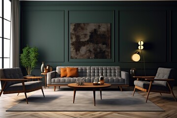 Grey sofa, table and shelving unit with houseplants near light wall,Generative AI