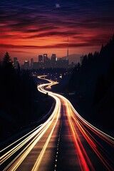 a highway full of vehicles, in the style of dreamlike cityscapes, intense and dramatic lighting