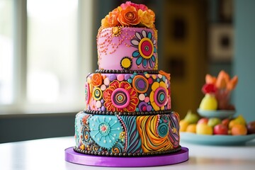 Colorful wedding bright cake decorated with flowers, sweets, chocolate. Generative AI