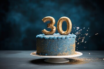 Luxurious birthday cake in a minimalist style with gold icing topped and decorated with a number thirty on a blue background. Copy space. Generative AI - obrazy, fototapety, plakaty