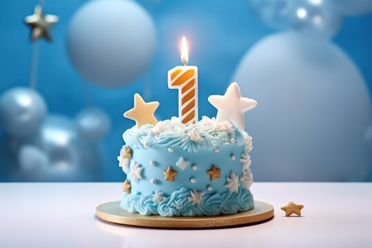 Blue cake decorated with stars, candle, topper number one for baby boy birthday on a light background. Child's holiday. Gentle, tender colors. Generative AI
