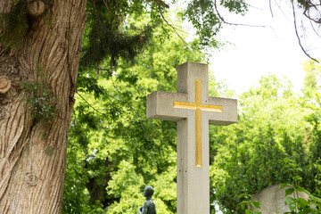 An ancient cross in the cemetery against the background of trees and sky.