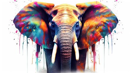Colorful elephant painting with watercolor and dripping paint