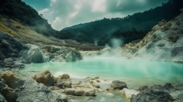 White Crater or Kawah Putih sulfur lake in West Java, Near Bandung city, Indonesia. Generative AI