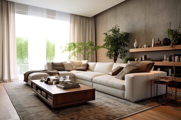 Obraz premium Grey sofa, table and shelving unit with houseplants near light wall,Generative AI