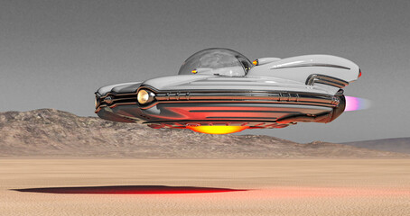 retro ufo spaceship is passing by on the desert cool view in the morning