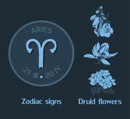Zodiac sign Aries from March 21 to April 20. Horoscope logo on dark blue background. Druid flowers: foxglove, magnolia, hydrangea.