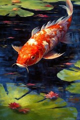 serene koi fish gliding gracefully in a tranquil pond. soft, soothing colors and delicate brushstrokes to capture the peacefulness and beauty of these elegant creatures