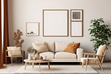 Fototapeta na wymiar Stylish living room interior with comfortable green sofa,Generative AI