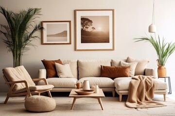 Stylish living room interior with comfortable green sofa,Generative AI