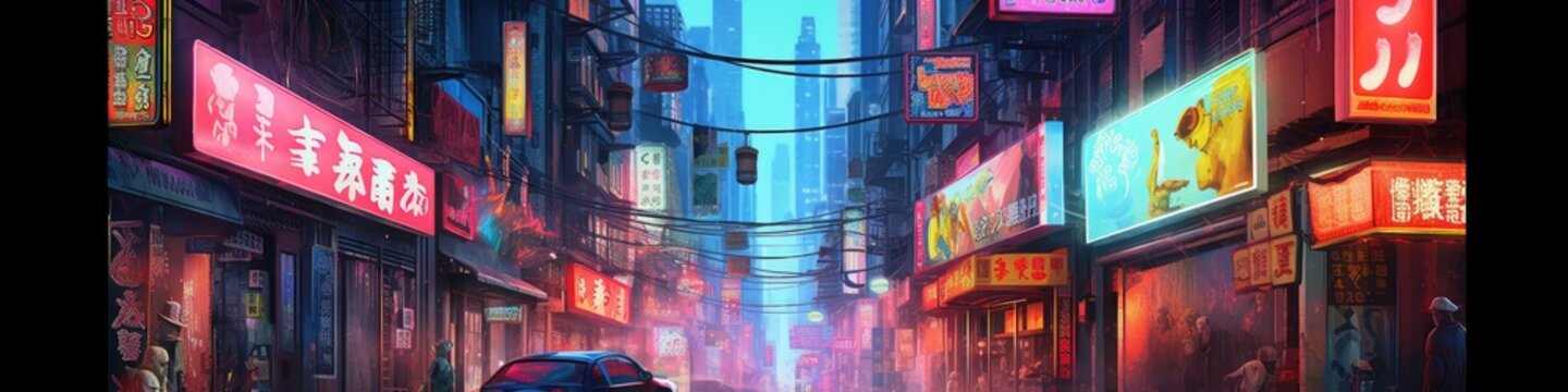 Futuristic cityscape, where neon lights paint the night with vibrant hues