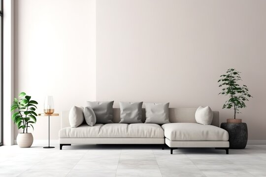Interior with sofa, plants and plaid on empty white wall background. 3D rendering,Generative AI