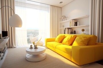 Fototapeta na wymiar Living room interior has sofa in 3d rendering. Front view of sofa and plant in 3d rendering,Generative AI