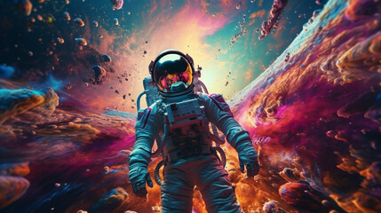Obraz premium Stellar Kaleidoscope: Astronaut Enveloped in a Vivid Splash of Cosmic Colors, A Stunning Space-Themed Creation Generated by AI