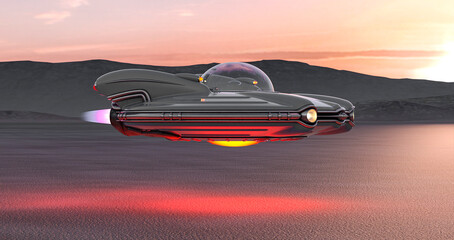 Fototapeta na wymiar retro ufo spaceship is passing by on the desert side view in the afternoon