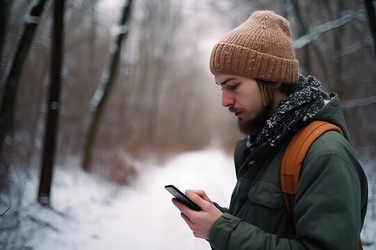 Male traveler use smartphone wearing warm cap in snow (Ai generated)