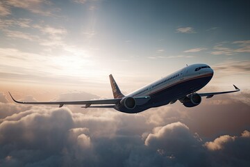 Airplane Flying in the Blue Sky. Travel and Transportation Concept with Copy Space