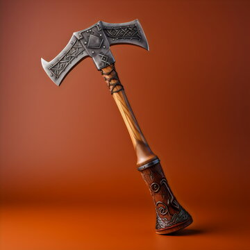 fantasy hatchet axe isolated on plain brown studio background made with generative ai