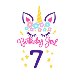 Obraz premium Seventh Unicorn Birthday Svg, 7th Birthday Shirt Svg, Unicorn Face Svg, Unicorn svg, Birthday Girl svg, Gift for Birthday, Svg files for Cricut